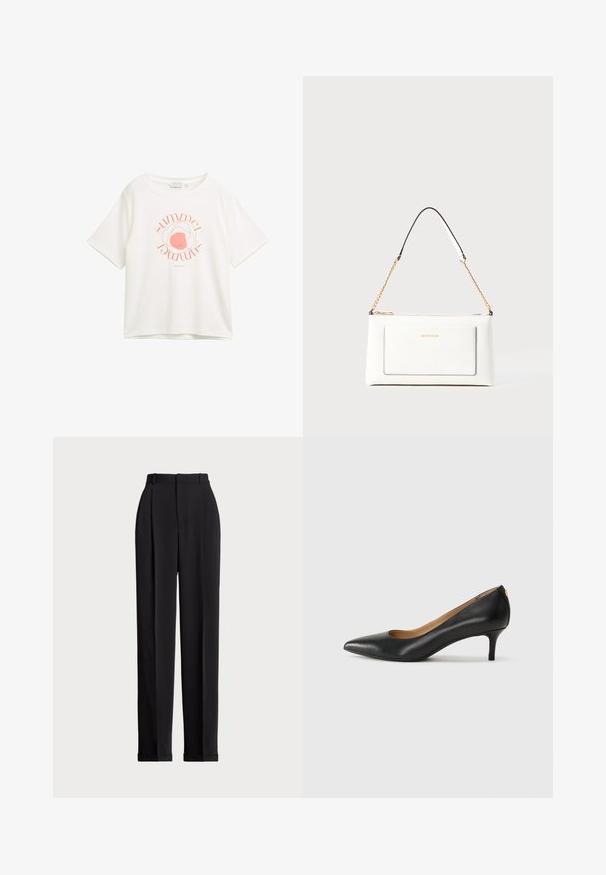 Balta trumpa rankovėmis marškinėliai, pagaminti iš minkštos medžiagos, su rožine apvalia grafika, kurioje įkomponuotas žodis "vasara".; Juodos pritaikytos kelnės su aukštu liemeniu, su klostėmis priekyje, tiesaus kirpimo ir užlenktais kraštais. Pagamintos iš lygaus audinio.; Juodos odinės aukštakulnės bateliai su smailiu nosiu, žemu kulnu ir lygiu paviršiumi. Priekyje yra nedidelis atvirumas, o gale minimalus apdaila.; Balta odinė rankinė su tekstūruotu paviršiumi, turinti auksinį grandinėlės dirželį ir juodas detales. Įskaičiuota priekinė kišenė ir užtrauktuko uždarymas.