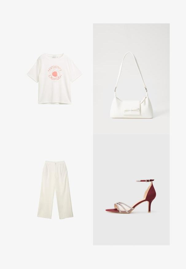 Vit kortärmad t-shirt i mjukt tyg med en rosa cirkulär grafik där ordet "sommar" är integrerat i designen.; Breda byxor i krämfärgad tyg med en mjuk yta, med en enda knapp fram, subtila veck och en hög midja design.; Karmosinfärgade sandaletter med klack som har korsade nätverk och dekorerade remmar, öppen tå, smal klack och detalj med spänne runt ankeln.; Vit syntetisk handväska med triangulär form, platt framklaff och rosettdetalj, justerbar rem, slät textur och minimalistisk design.
