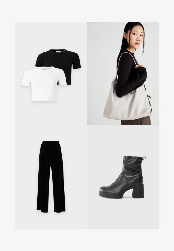 Set de două tricouri scurte cu mânecă scurtă, croppate, în negru și alb, realizate dintr-un material ribbed, cu decolteu rotund și un design ajustat.; Pantaloni negri cu picioare largi, din catifea moale, prevăzuți cu un corset elastic și o textură fină, fără detalii sau modele vizibile.; Bocanci negri de glezna din piele netedă, cu fermoar lateral, toc texturat și masiv, și design cu vârf rotund.; Geantă bej din material moale, cu un design lejer, detalii cusute și două bretele pentru umăr. Potrivită pentru utilizarea zilnică.