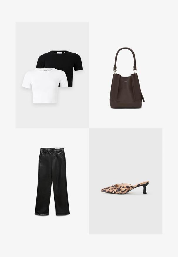 Du trumpos rankovės apkarpytų marškinėlių komplektas juodos ir baltos spalvos, pagaminti iš nubuko audinio, su apvaliu iškirpimu ir prigludusiu dizainu.; Juodos spalvos dirbtinės odos plačiomis kojomis kelnės su priekine kišene, diržo kilpomis ir subtiliu blizgesiu. Lygios tekstūros ir pritaikyto silueto.; Kuočio formos mūlinė avalynė su leopardų raštu ant paviršiaus ir žemais juodais kitten kulnais šviesiame fone.; Carlheim ADALINE - Rankinė - brown