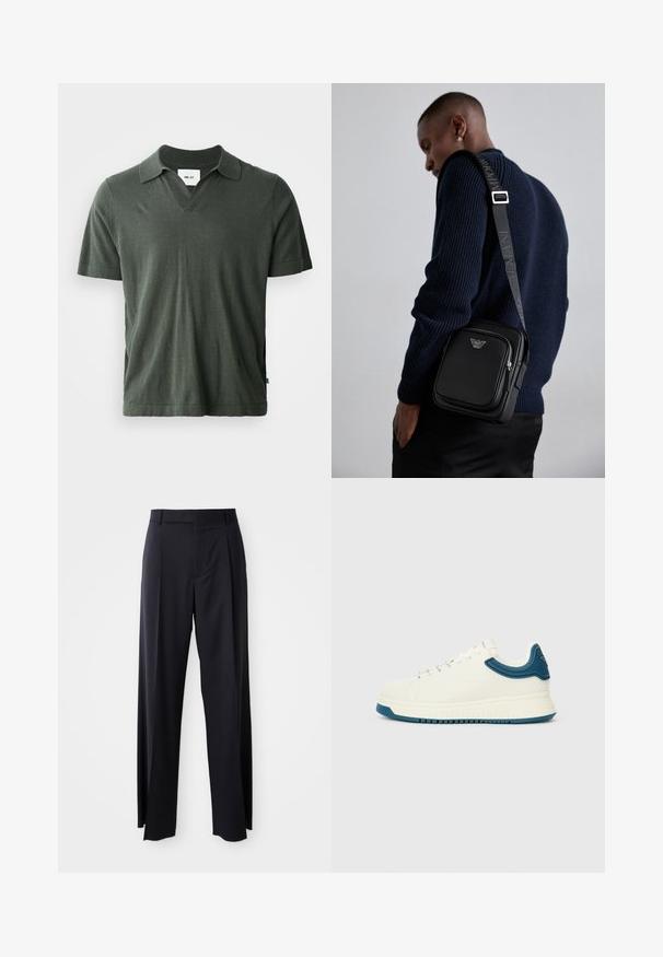 Sötétzöld, rövid ujjú pólóing V-kivágással, puha anyagból készült, egyenes szegéllyel és oldalsó hasítékokkal a kényelem érdekében.; Fekete, magasan ültetett nadrág, széles szárai vannak, sima anyagból készült. Elülső redők és övhurkok jellemzik. Minimalista dizájn, látható fémalkatrészek nélkül.; Fehér sportcipő sima felülettel, kék textúrázott kiemelésekkel a cipőszár körül és vastag talppal. Kerek fűzőkkel és alacsony szárú kialakítással rendelkezik.; Fekete bőr keresztpántos táska cipzáras rekesszel, logó részlettel és márkázott állítható pánttal. Egy texturált tengerészkék pulóver mellett viselve.