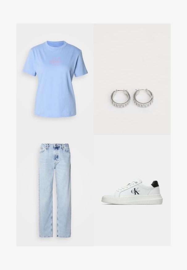 Heleheline puuvillane T-särk, ümar kaelus, lühikesed varrukad ja keskel roosa Calvin Kleini logo kujundus. Pehme tekstuur ja klassikaline lõige.; Heledad sinise värvi laiad teksad, mis on valmistatud denimist, kõrge vöökoht, pleekinud pesu ja peen tie-dye muster ettepoole.; Valge madalate sokkidega jooksutoss, millel on must konts, platvormi tallad, paelad ja Calvin Kleini "CK" logo küljel.; Hõbedased rõngassõrmed tekstureeritud disainiga, kus on vertikaalsed sooned. Ümmargune kuju ja kindel lukustus. Sile viimistlus.