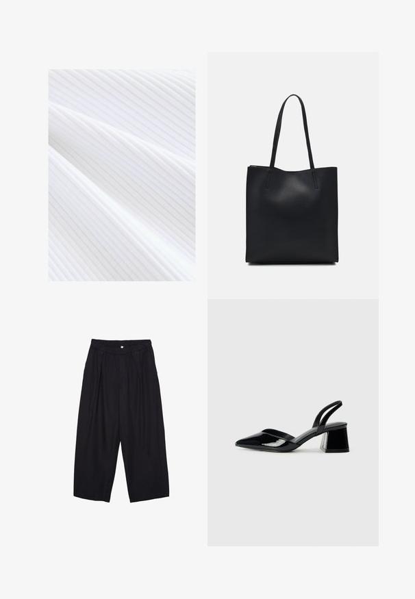 Valkoinen ribbikuvioinen tekstiili, jossa on hienoja pystysuoria viivoja ja sileä pinta, valuu pehmeissä kaarissa.; Musta polyesterinen culotte-housut, jossa on joustava vyötärö, kaksi etupleettiä ja löysä siluetti. Ei näkyviä kuvioita tai metallisia yksityiskohtia.; Mustat patentoitu nahkakengät, joissa on säären takaosa ja terävä kärki, sekä geometrinen palikkakorko. Sisältää tyylikkään, minimalistisen muotoilun ja sileän pinnan.; Mustapahkainen kangaskassi, jossa on sileä pinta, suorakaiteen muotoinen ja kaksi pitkää kahvaa. Ei näkyvää metalliosaa tai koristeita.