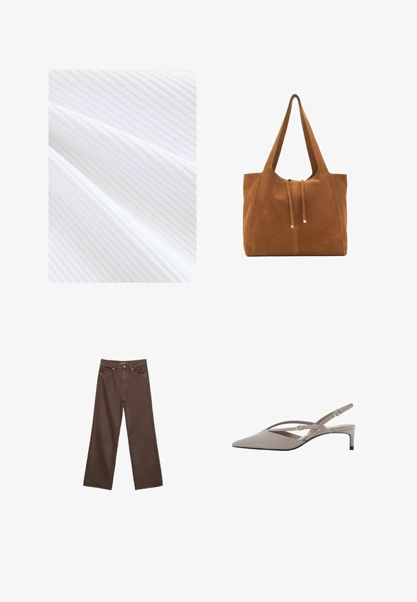 Hvid ribbet tekstil med fine lodrette linjer og en glat overflade, der hænger i bløde folder.; Bredde ben brun denim jeans med høj talje, forlommer og klassisk knaplukning. Glat tekstur med diskret syninger.; Beige slingback hæle med spidse tæer, tynde krydsede stropper og en kort stiletto hæl. Glat stof med hardware i guld-tone.; Brun ruskinds-tote med to lange stropper, snørelukning og minimalistisk design. Glat tekstur og ingen synlige hardware-detaljer.