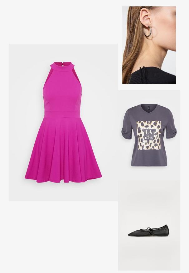 Siva kratka majica s kratkimi rokavi in okroglim izrezom, na sprednji strani pa se nahaja grafika z leopardjim potiskom in besedilom "LA vibes" v beli in zlati barvi.; Prilagojena roza obleka z visokim ovratnikom, brez rokavov in razširjenim krilom. Narejena iz gladkega materiala brez vidnih vzorcev ali dodatkov.; Črne ravne čevlje z izgorelim nosom, mrežastim zgornjim delom in poudarjenimi usnjeni detajli. Imajo tanek trak z okroglo kovinsko podrobnostjo.; Zlatna metalna torbica s glatko teksturo, ki ima trikotno zapiranje. Roka, ki jo drži, ima lepo urejene nohte.; Srebrna obročasta uhana s polirano površino, ki vključuje majhne zlate poudarke in okroglo obliko, nošena na ušesnem lobu.