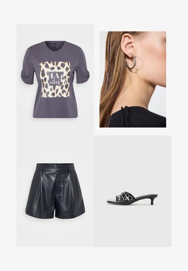 Gray short-sleeve t-shirt with a round neckline, featuring a leopard print graphic with the text "LA vibes" in white and gold on the front.; Black leather shorts with a smooth texture, tailored design, pleated front, and belt loops; features a hidden zipper pocket on the side.; Black heeled sandals with multiple glossy straps and metallic accents, featuring a pointed toe and modest kitten heels. Smooth texture.; Silver hoop earring with a polished finish, featuring small gold accent details and a round shape, worn on the lobe.