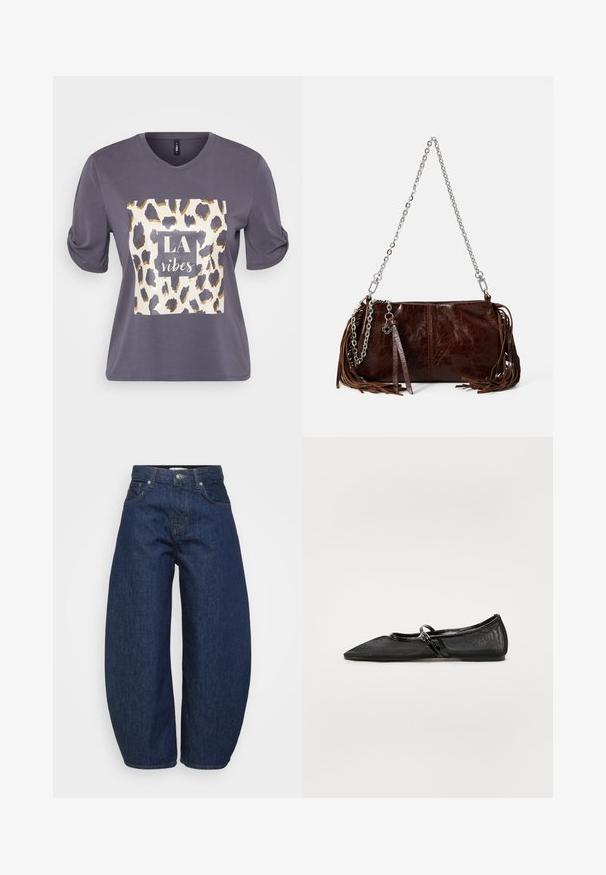 Grå kortærmet t-shirt med rund hals, prydet med et leopardmønster og teksten "LA vibes" i hvidt og guld foran.; Mørkeblå denimjeans med en bred, afslappet pasform. Har lynlås, fire lommer og kontrastsyet syning langs sømmene.; Sort flad sko med spids tå, meshuv der og lakerede detaljer. Har en tynd strop med en cirkulær hardware detalje.; Brun læderhåndtaske med en struktureret overflade, sølvfarvet kædestrop og brune frynser på siderne. Har en lynlåslukning.; Sølv hoop ørestik med en poleret overflade, prydet med små guld accenter og en rund form, båret på øreflippen.