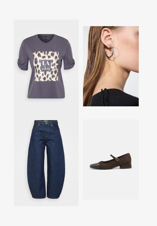 Graues Kurzarm-T-Shirt mit rundem Halsausschnitt, das auf der Vorderseite ein Leopardenmuster in Kombination mit dem Text "LA vibes" in Weiß und Gold zeigt.; Hochtaillierte dunkelblaue Denim-Jeans mit weitem Bein, Knopf- und Reißverschluss vorne sowie klassischem Fünf-Taschen-Design.; Braune Wildleder-Mary-Jane-Schuhe mit einer schwarzen Lackleder-Zehenspitze, verstellbarem Riemen und einem niedrigen Blockabsatz. Glatte Textur mit minimalen Akzenten.; Silberne Creolen mit polierter Oberfläche, die kleine goldene Akzentdetails und eine runde Form aufweisen, am Ohrläppchen getragen.