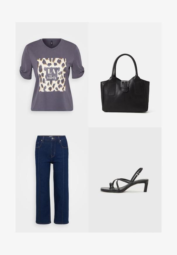 Camiseta de manga corta gris con cuello redondo, que presenta un gráfico de estampado de leopardo con el texto "LA vibes" en blanco y dorado en la parte frontal.; Jeans rectos de color azul oscuro con cierre de botón, bolsillos delanteros y traseros, y costuras naranjas visibles a lo largo de las costuras.; Sandalia negra de tiras con punta cuadrada y tacón bajo de bloque. Presenta múltiples tiras delgadas y una correa ajustable en el tobillo. Fabricada en cuero suave.; Bolso tote de cuero negro con textura suave, forma estructurada, dos asas y un prominente detalle de hebilla plateada en la parte frontal.