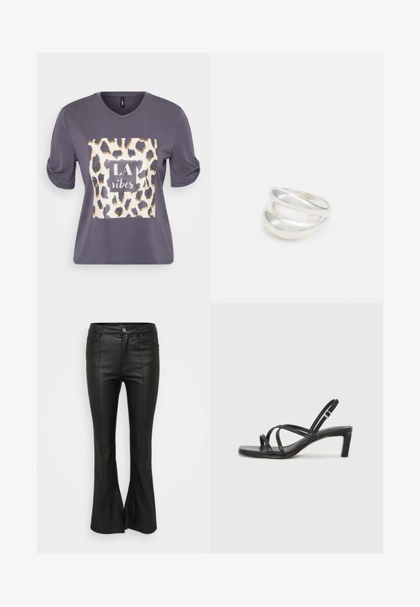 Siva kratka majica s kratkim rukavima i okruglim izrezom, koja na prednjoj strani ima grafiku s leopard uzorkom i natpis "LA vibes" u bijeloj i zlatnoj boji.; Crne hlače s flared krojem, sjajnom, kožnom teksturom, s prednjim džepovima, kopčanjem na gumb i bočnim prorezima na rubu.; Crne sandale s trakama, kvadratnim prstom i niskom blok petom. Ima više tankih trakica i podesivu trakicu oko gležnja. Izrađene su od glatke kože.; Srebrna dvostruka prsten s glatkom, poliranom površinom. Karakterizira ga fluidan, zakrivljen dizajn s preklapajućim sekcijama za moderan izgled.