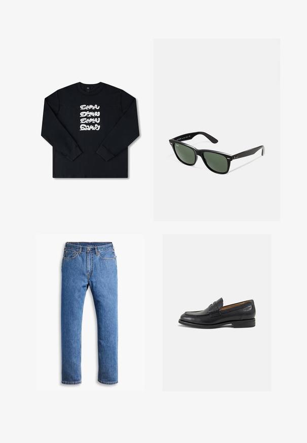Melnas ilga piedurkne džemperis ar baltu atkārtotu grafisko logo stilizētā rakstā uz priekšpuses. Izgatavots no mīkstas auduma.; Zilā denima džinsi ar taisnu piegriezumu, ar piecām kabatām, pogu aizdari un oranžiem šuvju akcentiem uz tīras baltas fona.; Melnas ādas loafers ar gludu apdari, noapaļotu purngalu un dekoratīvām šuvēm uz virsu. Zems, sakrauta papēža un neliels spīdums.; Melnas plastmasas saulesbrilles ar zaļiem lēciem, kvadrātveida rāmjiem, sudrabainu akcentu uz uzacīm un teksturētām tempļu kājām. Zīmols norādīts uz iekšējās kājas.