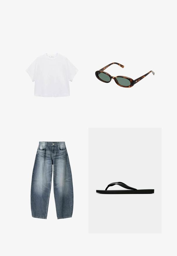 Mango Základné tričko - white; Džínsy s širokými nohavicami vyrobené z svetlomodrého denim materiálu s opotrebovaním, s piatimi vreckami, zapínaním na gombík a minimálnym prešívaním.; Čierne gumené žabky s textúrovaným popruhom a jednoduchou plochou podrážkou, zobrazené z boku na jednofarebnom svetlom pozadí.; Slnečné okuliare v štýle korytnačiny s oválnymi rámami a zelenými sklami. Majú tenké nožičky s kovovým akcentom pri pántoch.