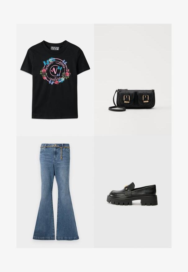 Juoda marškinėlių su spalvingu gėlių ir drugelių grafiku, su rožiniais ir mėlynais akcentais. Ant marškinėlių esančiu apskritime spaudintas užrašas "Versace Jeans Couture".; Suknelės tipo mėlyni džinsai, pagaminti iš vidutinio plačios denimo, su auksinės grandinėlės detale juosmens srityje ir standartiniu penkių kišenių dizainu.; Juodi odiniai loafers batai su masyviu padu, papuošti auksiniu akcentu priekyje ir lygiu paviršiumi. Masyvi protektoriaus dizaino išvaizda padais.; Juodas odinis per petį nešiojamas krepšys su dviem priekiniais kišenėmis, auksiniais sagtimis, užtrauktuko uždarymu ir siauromis petnešomis. Textūruota paviršius ir kompaktiškas stačiakampis formatas.