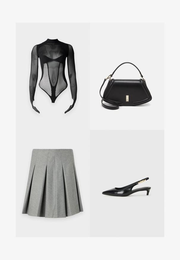 GCDS - Bluzka z długim rękawem; Szara spódnica plisowana wykonana z teksturowanej tkaniny, z dopasowanym paskiem w talii i rozszerzanym krojem. Brak widocznych elementów metalowych lub akcentów.; Czarne skórzane szpilki typu slingback z ostrym noskiem, posiadające smukły obcas i złoty akcent na regulowanym pasku. Gładka tekstura.; Czarna skórzana torebka o strukturalnym designie, z przyciętą formą, górnym uchwytem i złotymi akcentami. W zestawie regulowany pasek na ramię.