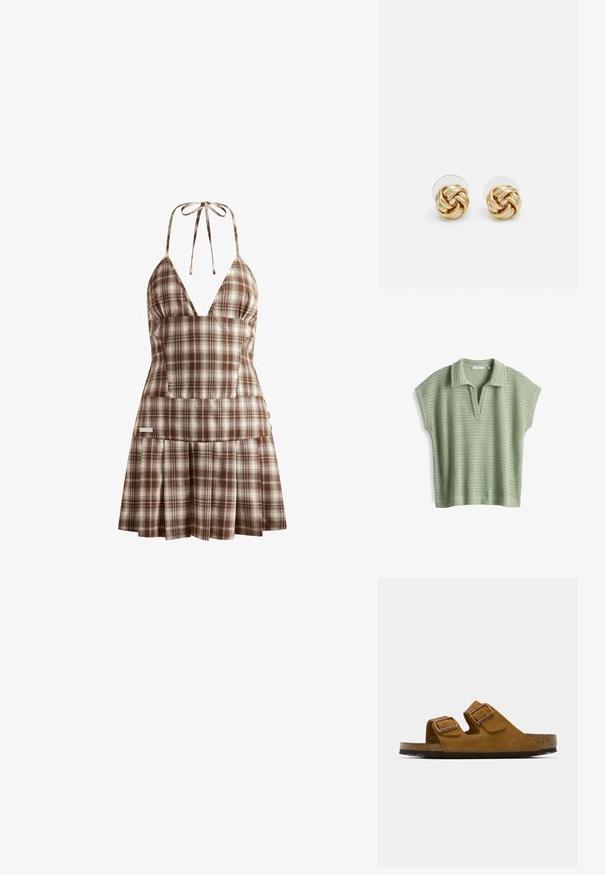 Lichtgroen gebreid shirt met korte mouwen, een kraag en een v-halslijn; heeft een gestructureerd patroon met open weefsel overal.; House of Sunny THE HOXTON CHECK DRESS - Jurk - multi-colored; Bruine suède sandalen met twee verstelbare gespen, kurken voetbed en een geweven rubberen zool. Open teen ontwerp en makkelijk aan te trekken voor comfort.; Zwarte leren handtas met een gestructureerd ontwerp, bovenhandgreep, afneembare schouderriem en gouden hardware. Voorzien van een sluiting met een klapsluiting aan de voorkant.; Gouden knoopstuds met een gedraaide design. Elke oorring heeft een ronde transparante achterkant voor een veilige draagervaring.