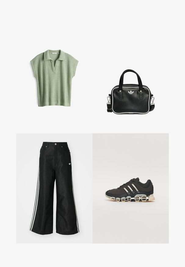 Lichtgroen gebreid shirt met korte mouwen, een kraag en een v-halslijn; heeft een gestructureerd patroon met open weefsel overal.; Zwarte denim broek met wijde pijpen, voorzien van drie witte strepen aan elke zijkant en een klein wit logo. Heeft voorzakken en een knoopsluiting.; Zwarte sportschoen met een gestructureerde bovenkant, drie zilveren strepen en een kenmerkende dempingszool met meerdere geïntegreerde secties.; Zwarte leren handtas met twee korte handvatten, zilverkleurige hardware, witte accenten en een wit logo. Heeft een gestructureerd oppervlak en een compact ontwerp.