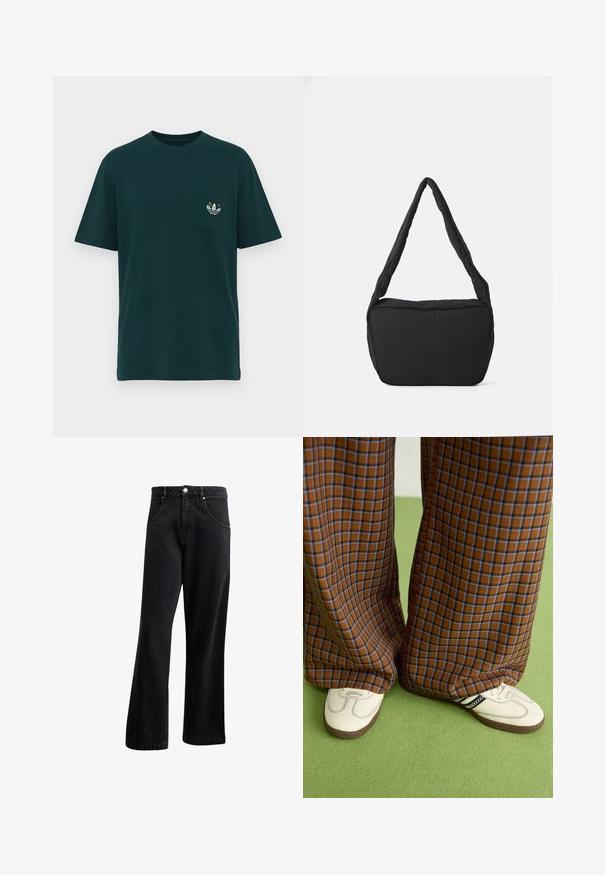 Camiseta de algodão verde escuro com gola redonda, mangas curtas e um bolso no peito com um logótipo bordado multicolorido.; Jeans de ganga preta com um design de perna reta, apresentando bolsos frontais, fecho de botão e uma leve textura. Inclui um detalhe de logótipo discreto.; Calças largas em padrão xadrez castanho e azul, combinadas com sapatos brancos com detalhes pretos e solas texturizadas, contra um fundo verde.; Saco preto de ombro com uma textura almofadada, uma forma arredondada e uma alça larga, apresentando um logótipo em relevo na parte da frente.