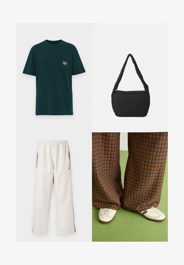 Tmavě zelené bavlněné tričko s kulatým výstřihem, krátkými rukávy a náprsní kapsou s multikulturním vyšitým logem.; Světlé béžové teplákové kalhoty s pružným pasem, bočními kapsami, černými bočními pruhy a logem Adidas na levém stehně. Hladká текст úroveň.; Hnědo-modré kostkované široké kalhoty doplněné bílými botami s černými akcenty a texturovanou podrážkou, umístěné na zeleném pozadí.; Černá ramenní taška s polstrovanou texturou, zaobleným tvarem a širokým popruhem, na jejíž přední straně je vyražené logo.