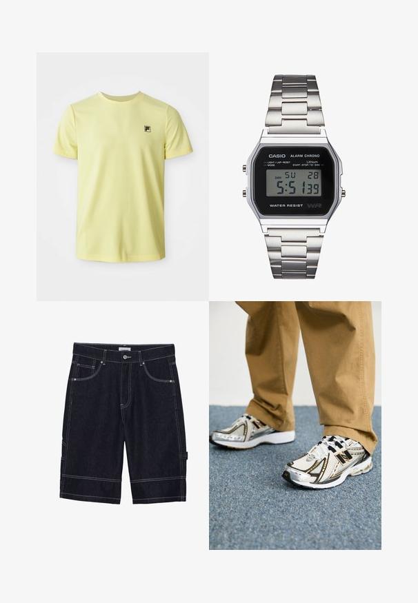 Vaaleankeltainen lyhythihainen t-paita pyöreällä kaula-aukolla, jossa pieni musta logo vasemmassa rinnassa, esitelty valkoisella taustalla.; Tummat farkkushortsit, joissa on kontrastiväriset ompeleet, viisi taskua, napitus ja suora leikkaus. Ei näkyviä kuvioita tai tekstuureja.; Valkoiset ja hopeiset New Balance -lenkkarit, joissa on mustat yksityiskohdat ja nauhat, verkkomateriaali yläosassa, pehmeä pohja ja dynaaminen muotoilu.; Digitaalinen Casio-kello, jossa on musta kellotaulu, hopeinen ruostumattomasta teräksestä valmistettu ranneke, suorakaiteen muotoinen kotelo sekä napit valoa, kierros-nollaus- ja tilan säätöä varten.; Hopeaketju, jossa on yksinkertainen suorakaiteen muotoinen ristiriipus, kiillotettu pinta ja sileä rakenne.