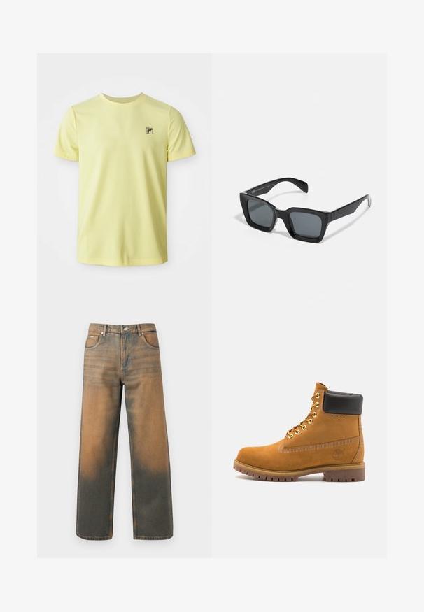 Tricou scurt cu mânecă scurtă de culoare galben deschis, cu guler rotund, având un mic logo negru pe pieptul stâng, prezentat pe un fundal alb.; Jeans evazați din denim albastru și maro distrus. Prezintă un talie înaltă, buzunare frontale și o închidere clasică cu buton, cu accente metalice.; Cizmă de gleznă din întoarsă de culoare bej, cu guler negru căptușit, ochiuri din metal auriu, detalii de cusătură albă și talpă din cauciuc robustă, cu un model pronunțat.; Ochelari de soare rectangulari negri cu lentile întunecate. Ramă din plastic cu un finisaj lucios, având un pod lat și brațe ușor înguste.