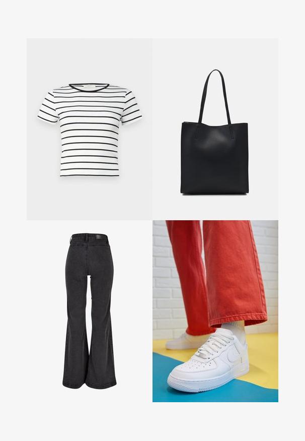 Gina Tricot BASIC TIGHT - Lihtne T-särk - white; Mustad musteraid püksid sileda tekstuuri, kõrge vöökoht ja kaubamärgi silt taga. Omab laia jala disaini, tugevdatud õmblused.; Valge nahast tennis, millel on perforeeritud varvas, tekstureeritud tallad ja valged shoelaces, kombineeritud laia punase pükste ja sinise ning kollase taustaga.; Mustast nahast kott sujuva tekstuuriga, ristkülikukujuline ja kahe pika sangaga. Pole nähtavat riistvara ega kaunistusi.