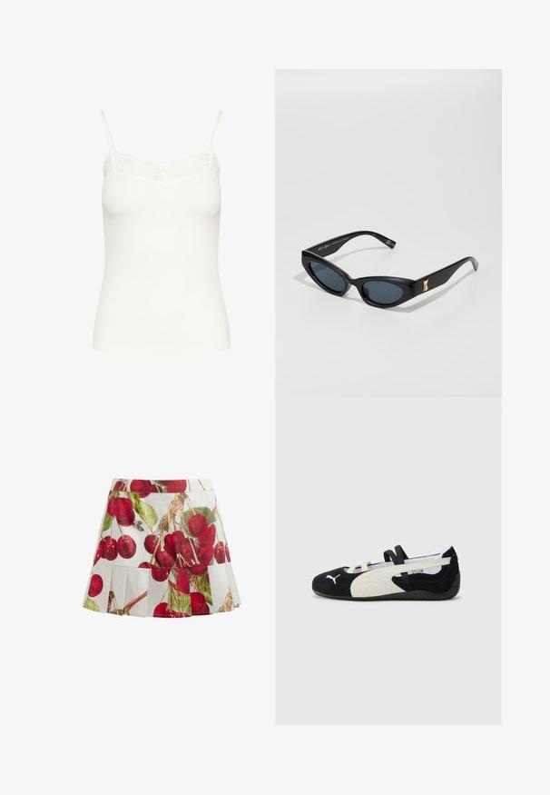 White ribbed camisole with adjustable spaghetti straps and delicate lace trim along the neckline. Soft, stretchy material. Fitted design.; White pleated skirt featuring a vibrant cherry print in red and green. Fabric appears lightweight with a smooth texture.; Black and cream ultra-lightweight shoe with a suede upper, flat sole, elastic straps, and a small logo on the toe.; Black sunglasses with a sleek, angular design. They feature dark lenses, a glossy finish, and a gold accent on the temple.; Black leather handbag with a curved shoulder strap, smooth texture, rectangular shape, zip closure, and silver hardware accents.; Silver hoop earrings set, featuring two large and two small pairs. Lightweight, smooth texture with a polished finish, showcasing a simplistic design.