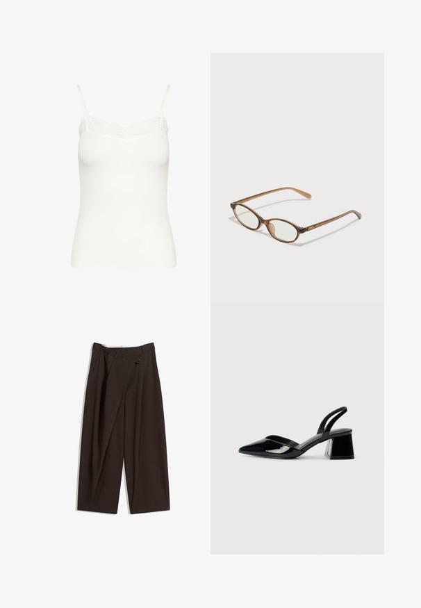 Witte geribde top met verstelbare spaghettibandjes en delicate kantafwerking langs de halslijn. Zacht, rekbaar materiaal. Strak ontwerp.; Donkere bruin wijde broek met een hoge taille, voorzien van een enkele knoopsluiting en een geplooide voorkant. Gemaakt van lichtgewicht stof.; Zwarte gepatineerde leren slingback hakken met een spitse neus en een geometrische blokhak. Kenmerkt zich door een slank, minimalistisch ontwerp en een gladde textuur.; Bruine schildpadbril met ovale lenzen, dunne armen en transparante accenten. Heeft een subtiele logo op de tempel. Strak, lichtgewicht ontwerp.