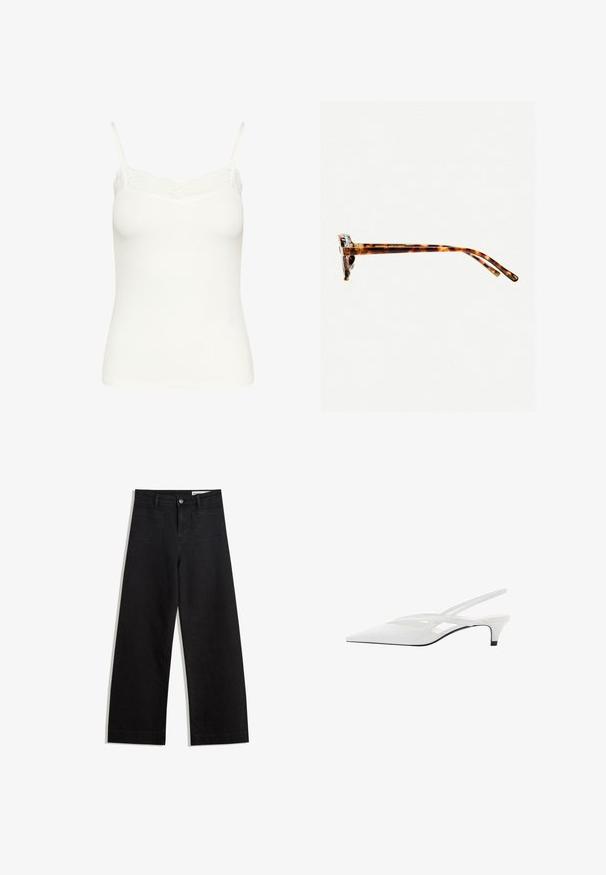 White ribbed camisole with adjustable spaghetti straps and delicate lace trim along the neckline. Soft, stretchy material. Fitted design.; Black wide-leg denim pants with a high waist, featuring front and back pockets, stitched seams, and a button closure. Smooth texture.; White slingback heel with pointed toe, featuring a smooth upper, subtle cutouts, and a low block heel. Black sole accentuates design.; Tortoiseshell sunglasses with a thick frame, slightly curved temples, and smooth texture. Features a classic design with a glossy finish.; Black leather tote bag with smooth texture, rectangular shape, and two long handles. No visible hardware or embellishments.