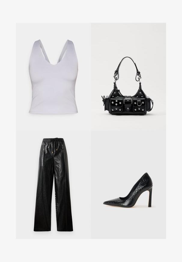 Gaiši pelēks bez piedurknēm, īss topiņš ar dziļu V-veida kakla izgriezumu, izgatavots no gludas auduma, ar plašām siksnām un pieguļošu siluetu.; Melni ādas bikses ar plašu kāju griezumu, elastīgu jostu, auklām un zelta detaļām. Gluda tekstūra un brīvs piegriezums.; Melni augstpapēžu apavi ar norādītu purngalu, ar krokodila ādas tekstūru, izceļoties ar elegantu dizainu, augstu stiletto papēdi un gludu melnu interjeru.; Melnas ādas rokturmais ar izliekumu, ar sudraba iedurtiem, sprādzi un divām sānu kabatām. Regulējams siksniņas garums dažādām nēsāšanas iespējām.