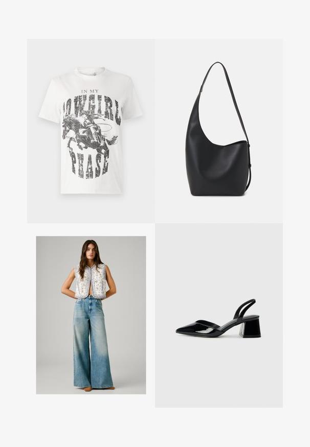White cotton t-shirt featuring a graphic print of a horse and rider with the text "IN MY COWGIRL PHASE" in bold, distressed black lettering.; Woman wearing sleeveless white floral patterned vest paired with high-waisted wide-leg faded blue jeans and brown shoes, standing with hands behind back.; Black patent leather slingback heels with a pointed toe and a geometric block heel. Features a sleek, minimal design and smooth texture.; Black leather hobo bag with a smooth texture, curved shape, and single adjustable strap; features a wide opening at the top.