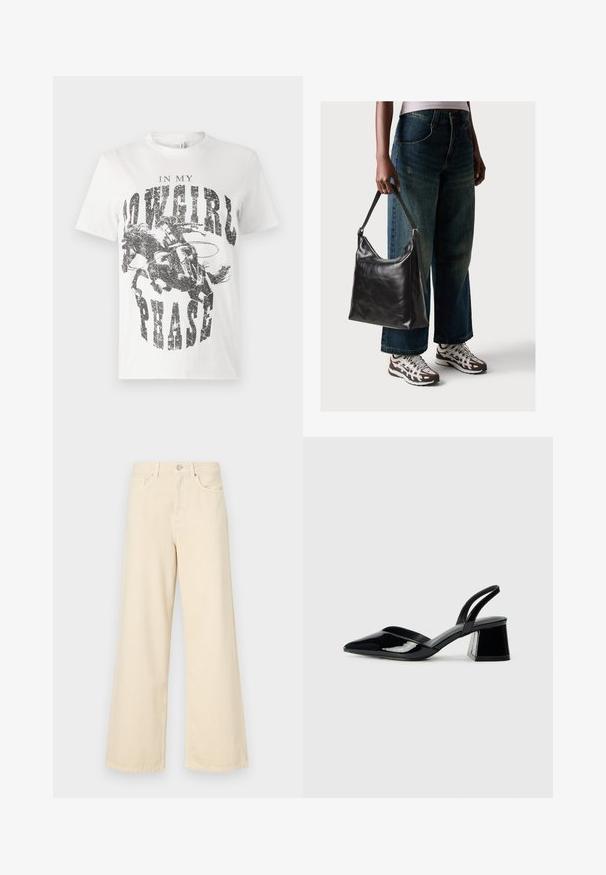 Tricou alb din bumbac cu un print grafic reprezentând un cal și o călăreață, având textul "ÎN FAZA MEA DE CĂLARE" scris cu litere negre, îndrăznețe și uzate.; Blugi bej cu croi larg, din bumbac. Au închidere cu nasture, bucle pentru curea și buzunare frontale, cu o textură netedă și moale.; Pantofi cu toc slingback din piele lacuită neagră, cu vârf ascuțit și toc geometric. Prezintă un design elegant, minimalist și o textură netedă.; Geantă de umăr din piele neagră, cu o textură netedă și curea ajustabilă, asortată cu blugi evazați și adidași.