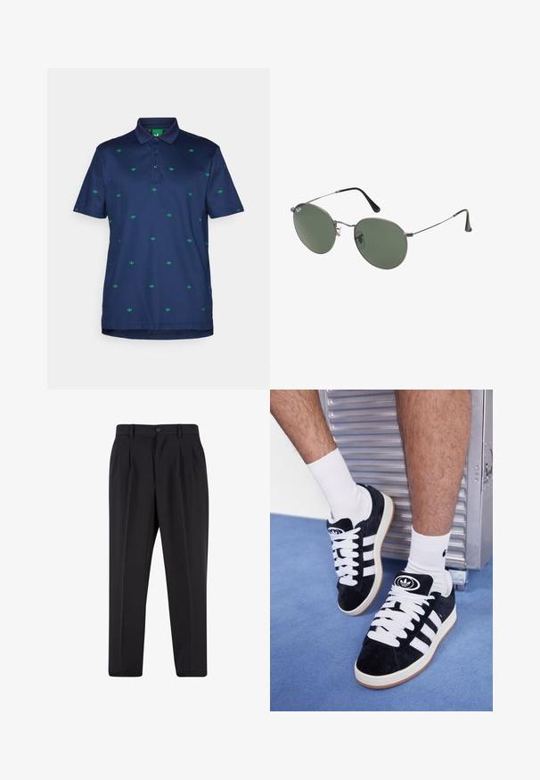 Jūras zilas krāsas polo krekls, izgatavots no gludas auduma, ar nelielām zaļām emblēmām, kas vienmērīgi izkārtotas pa priekšu. Ar trim pogām aprīkots apakšmalas dizains.; Melni brīvie bikses ar krokotu priekšpusi, izgatavotas no gludas auduma. Iespējama poga aizdare un jostas cilpas; taisnu kāju forma.; Melni zamšaini sporta apavi ar baltiem šņorēm un trim baltām svītrām. Iekļauj arī apaļu melnu logotipu uz mēles un gumijas zoli.; Metāla rāmji saulesbrillēm ar ovālām zaļām lēcām. Tievs sudraba metal rāmji un melni ausu spilventiņi. Minimalistiska dizaina, bez redzamām apzīmējumiem.