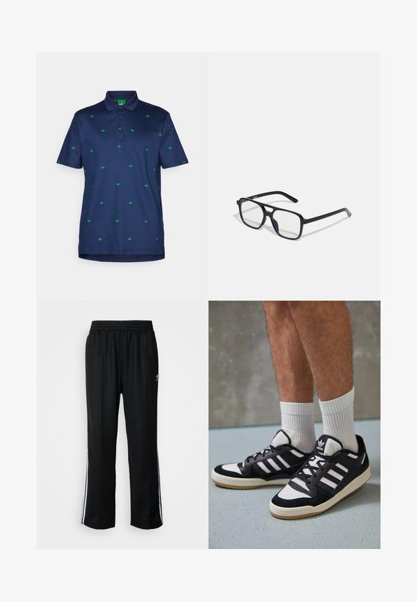 Marineblå polo skjorte laget av glatt stoff, med små grønne logoer jevnt fordelt over fronten. Design med krage og tre knapper.; Sorte treningsbukser med elastisk midjebånd, med hvite sidestiper og en liten logo. Materialet ser mykt og lett ut.; Sorte og hvite sneakers med overdel i semsket skinn og lær, med tre hvite striper, perforert tå og en såle av gummi.; Sorte rektangulære briller med klare linser og en subtil lilla tone, med slanke stenger og et minimalistisk design.