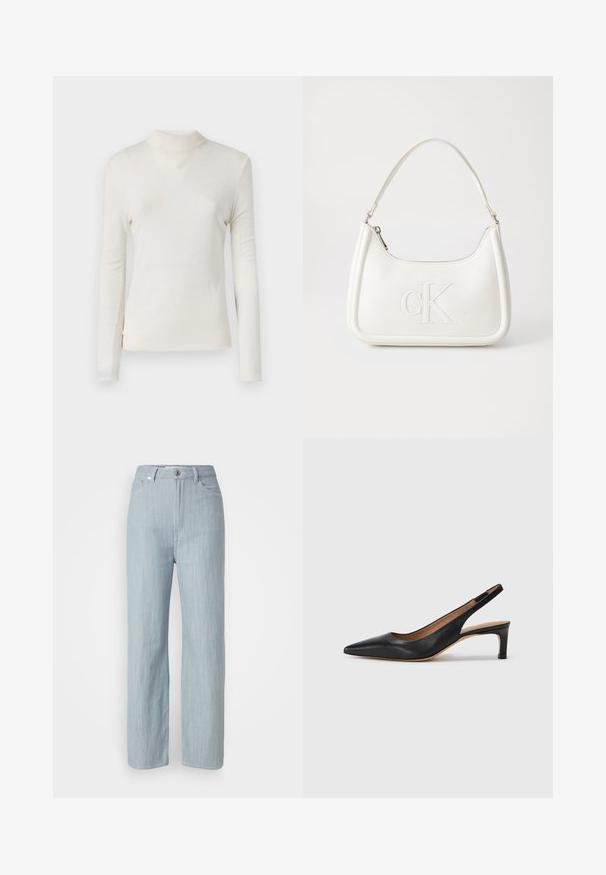 Light cream, long-sleeve turtleneck top in a smooth, soft fabric with a close-fitting design and no visible patterns or embellishments.; Light blue straight-leg jeans made of denim. Features five pockets, a metal button closure, and subtle whiskering for texture.; Black leather slingback pump with a pointed toe, low heel, and a smooth texture. Features a thin adjustable strap for a secure fit.; White leather handbag with a curved shape, featuring an embossed "CK" logo on the front and a single shoulder strap. Zipper closure at top.