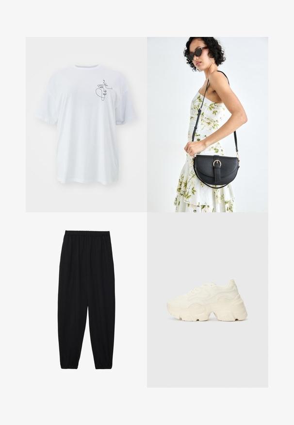 White cotton t-shirt, oversized fit, featuring a minimalist black line drawing on the left side. Classic crew neck and short sleeves.; Black, lightweight pants with an elastic waistband and gathered ankles. The fabric is smooth and features a relaxed, tapered design.; Chunky white sneakers made of textured mesh and synthetic materials, featuring a thick sole and intricate pattern details along the sides.; Black leather handbag with a curved shape, detachable strap, and gold hardware. The bag features a flap with a buckle detail.