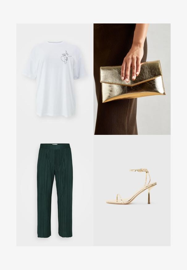 T-shirt branca de algodão, com um corte oversized, apresentando um desenho minimalista em linha preta do lado esquerdo. Gola clássica em crew e mangas curtas.; Calças largas plissadas em verde escuro com cintura elástica, apresentadas contra um fundo branco simples.; Sandalha de salto alto metálica dourada com biqueira quadrada, tira fina no tornozelo e um design minimalista elegante com um acabamento brilhante.; Bolsa de mão metálica dourada com uma textura suave, apresentando um fecho em aba triangular. A mão que a segura tem unhas bem cuidadas.