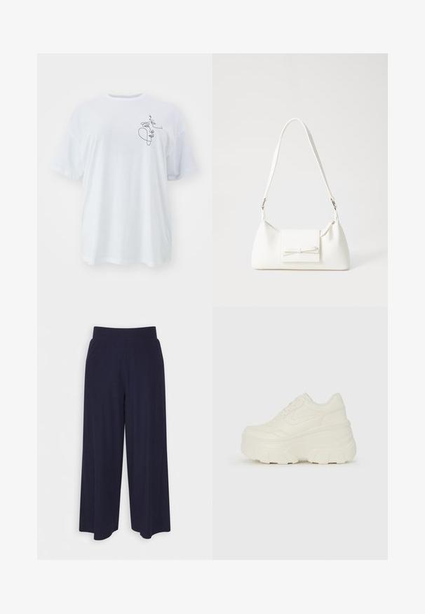 Balta kokvilnas T-kreklu, oversize piegriezums, ar minimālistisku melnu līniju zīmējumu kreisajā pusē. Klasisks apaļais kakls un īsas piedurknes.; Platas kājas bikses tumši zilā audumā ar svītrainu tekstūru. Aprīkotas ar gludu jostasvietu un plūstošu siluetu, sasniedzot vidus teļus.; Baltie platformas sporta apavi, kas izgatavoti no gludas mākslīgās ādas, ar noapaļotu formu, mīkstu apkakli un teksturētu gumijas zoli ar izteiktiem rakstiem.; Balta sintētiska soma ar trīsstūrveida formu, plakanu priekšējo vāciņu un loku detaļu, regulējamu siksnu, gludu tekstūru un minimālistisku dizainu.