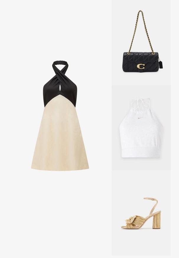 Λευκό αθλητικό crop top από μαλακό ύφασμα, με σχέδιο halter neck και ρυθμιζόμενο κλείσιμο με κορδόνι, διακοσμημένο με ένα μικρό χρυσό λογότυπο Nike μπροστά.; Φόρεμα με λαιμόκοψη halterneck, μαύρο στο πάνω μέρος και κρεμ φούστα Α-γραμμής, με σχέδιο στροφής στον λαιμό και λεία υφή.; Χρυσές σανδάλες με τακούνι, με κόμπο στο μπροστινό μέρος, πτυχές στην υφή και λουράκι στον αστράγαλο. Το τετράγωνο τακούνι διαθέτει ριγωτή σχεδίαση, που ενισχύει την πρόσφυση.; Μαύρη διακοσμημένη τσάντα χειρός με χρυσή αλυσίδα, με χαρακτηριστικό χρυσό κούμπωμα και μία μικρή ετικέτα, που αναδεικνύει μια υφή δερμάτινης επιφάνειας.