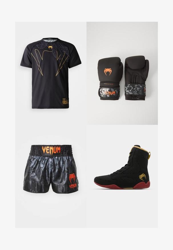 Camiseta atlética preta de mangas curtas com design de presa de cobra dourada e padrão sutil de escamas de cobra na parte superior do peito e ombro direito.; Calças de boxe em cetim preto com um padrão de camuflagem, apresentando uma cintura elástica e o logo "VENUM" em laranja brilhante na parte da frente.; Sapatilha desportiva de cano alto com malha preta e material sintético, detalhes texturizados, sola de borracha vermelha e acabamentos dourados no tornozelo.; Luvas de boxe pretas com acabamento mate e design ergonómico. Detalhes do logótipo em laranja e tiras de pulso com padrão de camuflagem.