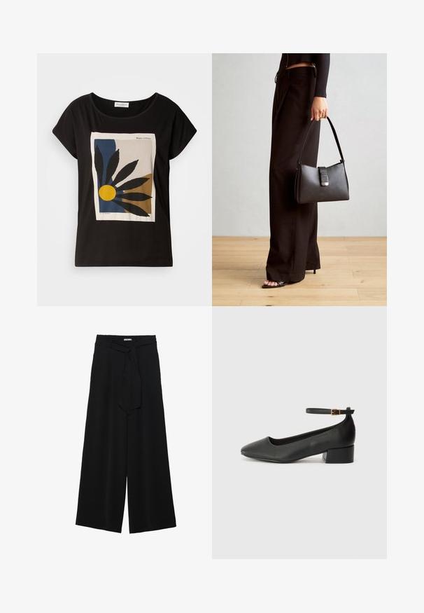Černé tričko s krátkým rukávem s grafickým potiskem listů a žlutého slunce na béžovém pozadí, s logem "Marc O'Polo".; Černé kalhoty s širokými nohavicemi, vyrobené z texturované tkaniny, s elastickým pasem a odnímatelným páskem na úpravu velikosti.; Černé kožené lodičky s špičatou špičkou a nízkým blokovým podpatkem. Obsahují pásek kolem kotníku se zlatou sponou. Hladký povrch.; Černá kabelka se strukturovaným tvarem, hladkým povrchem a kovovým uzávěrem. Kombinována s širokými černými kalhotami a sandály s otevřenou špičkou na dřevěné podlaze.