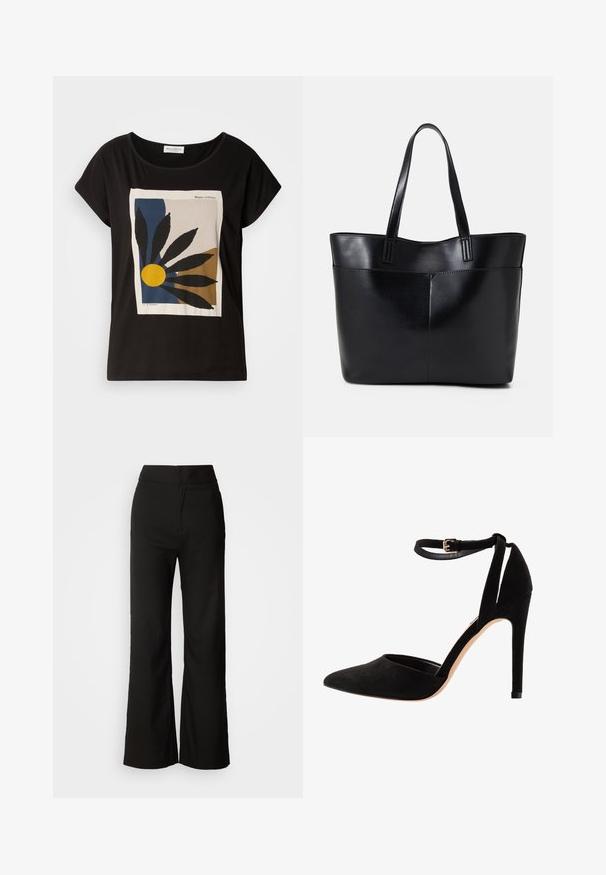 Mustat lyhythihaiset t-paidat, joissa on graafinen printti lehdistä ja keltaisesta auringosta beigellä taustalla sekä "Marc O'Polo" -brändäys.; Mustat leveät housut, joissa on sileä pinta, korkea vyötärö ja siisti muotoilu. Ei näkyviä taskuja tai koristuksia.; Mustat mokkakengät korkeilla koroilla, kärki terävä, nilkkahihnalla ja stiletto-korko. Suunnittelussa on sileä pinta ja vähäisiä yksityiskohtia.; Musta nahkainen kassi, jossa on kaksi pitkää kahvaa, sileä pinta ja jämäkkä muoto. Sisältää etutaskun lisävarastointia varten.; Hopepronssi metalliset korvakorut, joissa on sileä, kiiltävä pinta ja rakenteellinen, pyöristetty muotoilu. Varustettu käänteellisellä lukolla turvallista käyttöä varten.