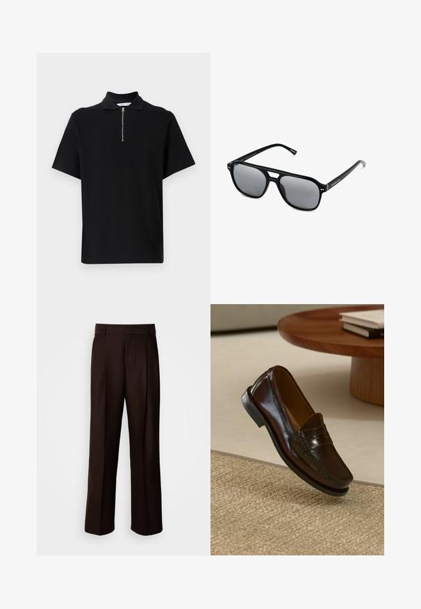 Schwarzes Kurzarm-Polohemd aus weichem Stoff, mit einem Reißverschlusskragen und einem klaren, minimalistischen Design ohne zusätzliche Muster.; Braune maßgeschneiderte Hose mit geradem Bein, versehen mit einer vorderen Falte, glatter Textur und klassischem Bund. Geeignet für formelle Anlässe.; Braune Leder-Lederschuhe mit glänzender Oberfläche, die eine gestickte Detail entlang der Vorderseite und eine niedrigprofilierte schwarze Gummisohle aufweisen.; Schwarze Sonnenbrille mit rechteckigen Rahmen, grauen getönten Gläsern und einer Aussparung im Nasensteg. Schlanker, glänzender Kunststoff, mit schmalen Bügeln.