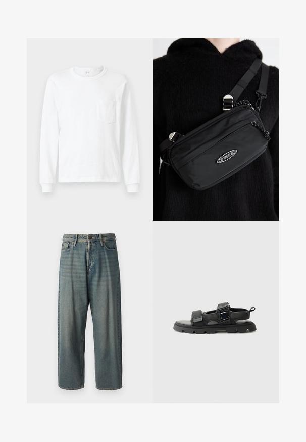 White long-sleeve T-shirt made of cotton. Features a round neckline and a small chest pocket. Soft texture with ribbed cuffs.; Light blue denim jeans with a loose fit, mid-rise waist, and straight legs. Features five pockets, belt loops, and a button closure.; Black sandals with a textured fabric upper, wide straps, metal buckle accents, and a thick rubber sole featuring a lug pattern.; Black nylon crossbody bag with adjustable strap, featuring a smooth texture, a front zipper pocket, and a logo accent.