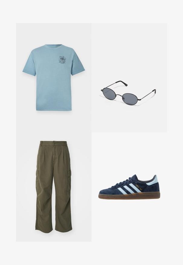 Hele sinine puuvillane T-särk, lõdva lõikega, vasakul rinnal on väike must graafika. Lühikesed varrukad ja ümar kaelus.; Olivi rohelised cargo püksid, valmistatud puuvillast, laia jala disainiga, voldikute ja küljetaskutega praktilisuse huvides.; Tumesinine sametist Adidas tennis, helesiniste triipudega, kummist tallaga, helesinise kandetabiga ja kuldse "Spezial" brändimisega küljel.; Mustad mustikad prillid tumedate läätsede ja õhukeste metallraamidega. Omavad saledaid käsi, millel on lõpus peen kaar.