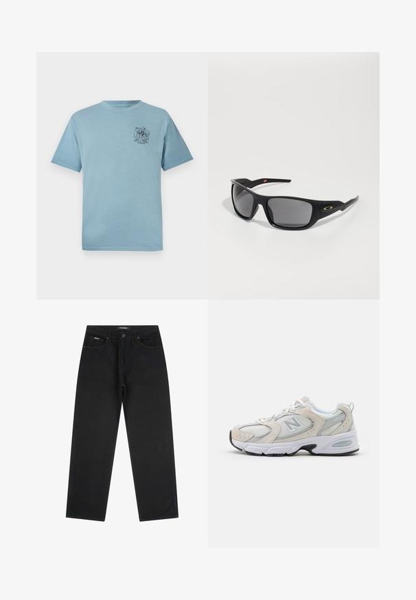 Light blue cotton t-shirt with a relaxed fit, featuring a small black graphic on the left chest area. Short sleeves and crew neckline.; Black straight-leg jeans with front button and zipper, belt loops, and five-pocket design, laid flat on a white background.; Athletic shoe featuring a light gray mesh upper with suede accents, white laces, and a black rubber sole. Notable ABZORB cushioning detail.; Black sunglasses with a rectangular shape, made of durable plastic, featuring gray tinted lenses and a gold accent on the side.