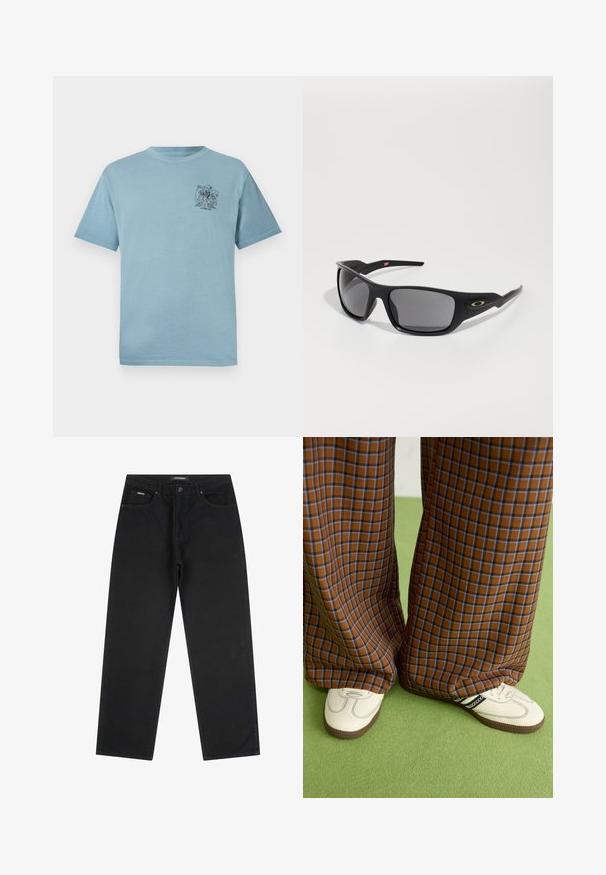 Světle modré bavlněné tričko s volným střihem, které má malou černou grafiku v oblasti levé hrudi. Krátké rukávy a kulatý výstřih.; Černé džíny s rovnými nohavicemi, s předními knoflíky a zipem, poutky na opasek a pětipocketovým designem, položeny na bílé pozadí.; Hnědo-modré kostkované široké kalhoty doplněné bílými botami s černými akcenty a texturovanou podrážkou, umístěné na zeleném pozadí.; Černé sluneční brýle s obdélníkovým tvarem, vyrobené z odolného plastu, s šedými zrcadlovými skly a zlatým akcentem po straně.