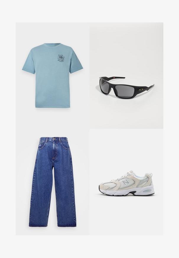 T-shirt de algodão azul claro com corte descontraído, apresentando um pequeno gráfico preto na área do peito esquerdo. Mangas curtas e decote careca.; Jeans de denim azul de perna larga, com cintura alta, apresentando cinco bolsos, fecho de botão e um desbotado discreto para textura.; Sapatilha desportiva com cabedal em malha cinza claro e pormenores em camurça, atacadores brancos e sola de borracha preta. Detalhe notável de amortecimento ABZORB.; Óculos de sol pretos com forma retangular, feitos de plástico durável, com lentes cinzas e um detalhe dourado na lateral.