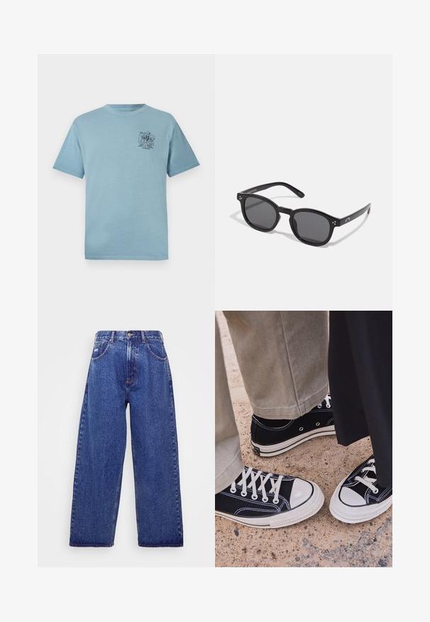 Vaaleansininen puuvillainen t-paita, jossa on rento istuvuus. Vasemmassa rintataskussa on pieni musta graafinen kuvio. Lyhyet hihat ja pyöreä kaula-aukko.; Korkeavyötäröiset, siniset farkut, joissa on leveät lahkeet, viisi taskua, nappisuljenta ja hienovarainen haalistuma tekstuurin lisäämiseksi.; Mustat kangaskengät valkoisilla kumitossuilla ja nauhoilla. Kontrastiväriset ompeleet ja metalliset silmukat tuovat yksityiskohtia. Yhdistetty vaaleanbeigeihin housuihin ja mustaan kankaaseen.; Mustat soikeat aurinkolasit tummilla linsseillä, paksuilla kehyksillä ja hopeisilla pistekoristeilla sivuilla. Liukas muovimateriaali, nykyaikainen muotoilu.