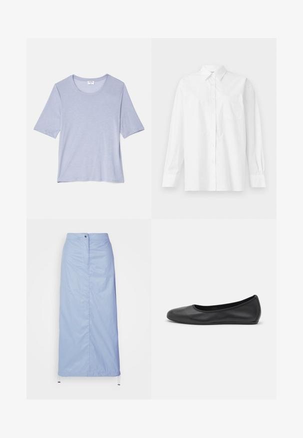 Camiseta de manga corta azul claro con cuello redondo, hecha de tela suave, que presenta un corte relajado y una textura lisa y sutil.; Camisa blanca de manga larga hecha de algodón, con un cuello clásico, cierre de botones y un bolsillo en el pecho del lado izquierdo.; Falda de longitud media en azul claro, hecha de material suave y ligero, con corte recto, presenta un cierre delantero de botones y dobladillo con cordón.; Bailarina de piel negra con punta redondeada, textura suave, detalle de costura minimalista y diseño de suela flexible.