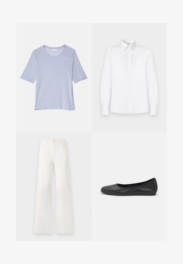 Lyseblå kortærmet T-shirt med rund hals, lavet af blødt stof, der har en afslappet pasform og en glat, subtil tekstur.; Hvid langærmet skjorte lavet af glat stof, med krave og en knaplukning foran med lyserøde knapper.; Hvide, højtaljede bukser med bred ben lavet af denim. Har en knaplukning, to forlommer og sidesømme med syningsdetaljer.; Sort læderballetsko med rund tå, glat tekstur, minimal syning og et fleksibelt såldesign.